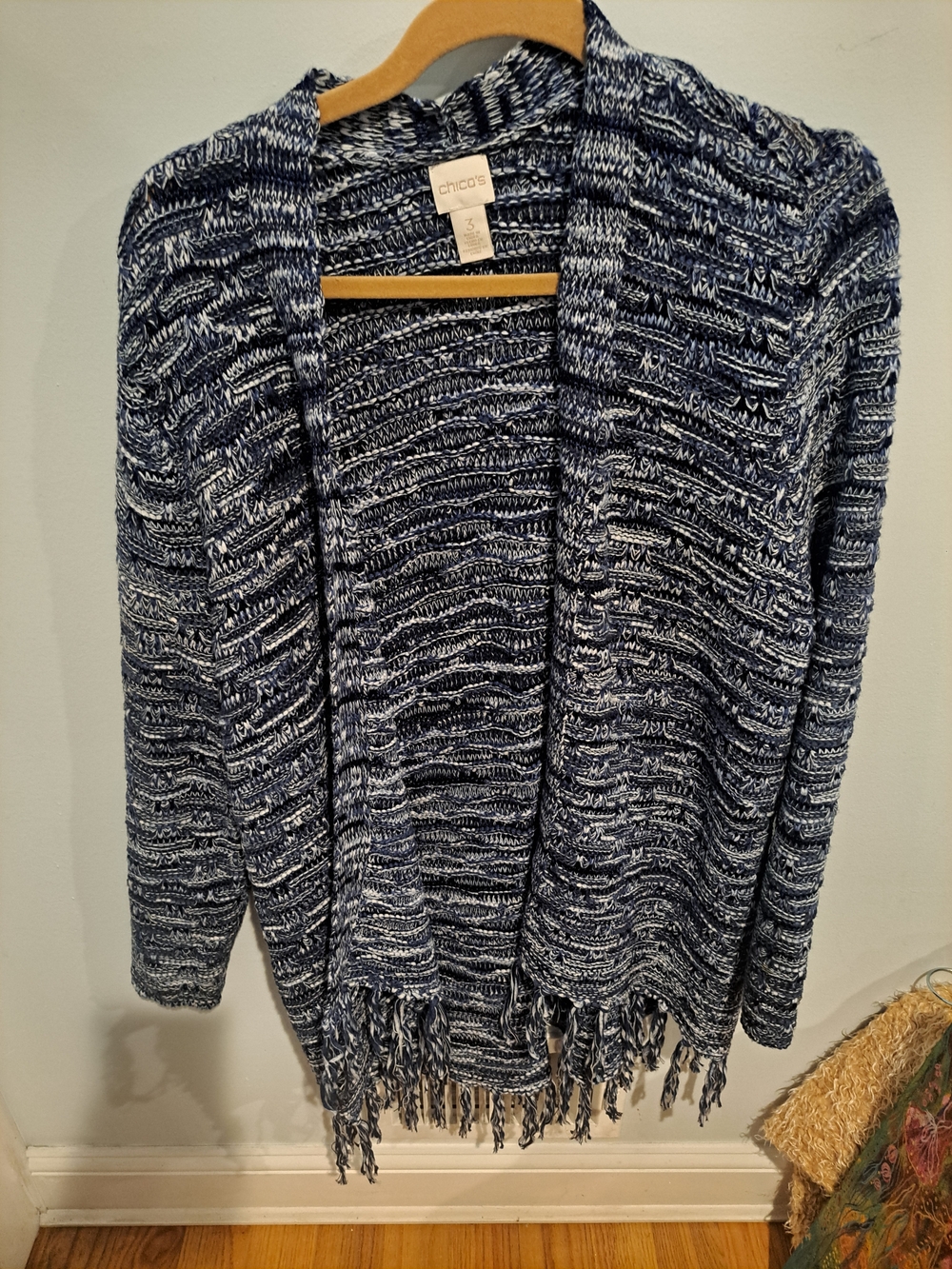 Chico's Navy and White Marled Open-Front Fringe Sweater Xl